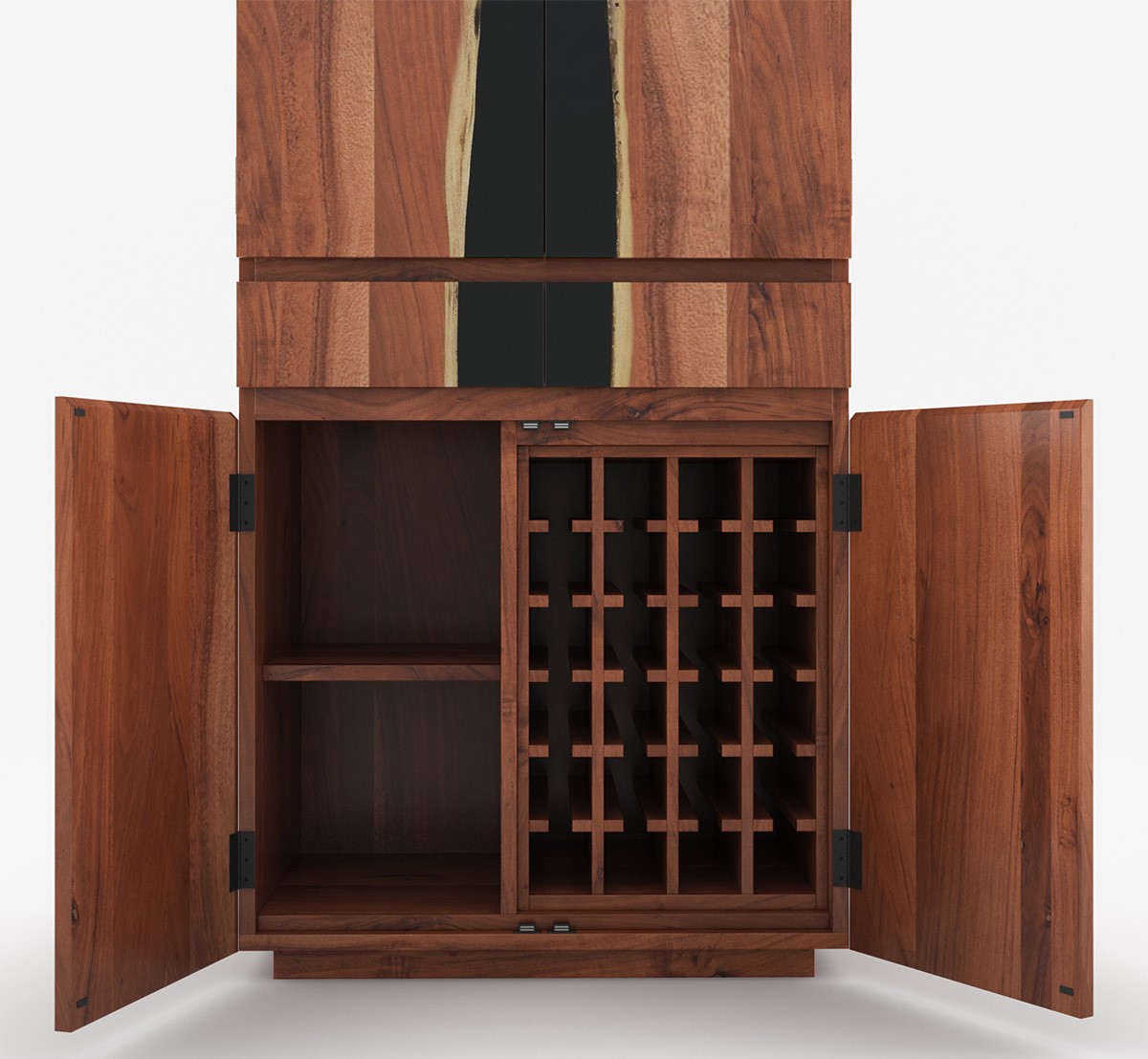 Modern Solid Oak Wood Freestanding Bar Cabinet Wine Rack 4 Storage Compartments Drawers Flat Panel Doors Pindel Handicraft PH792