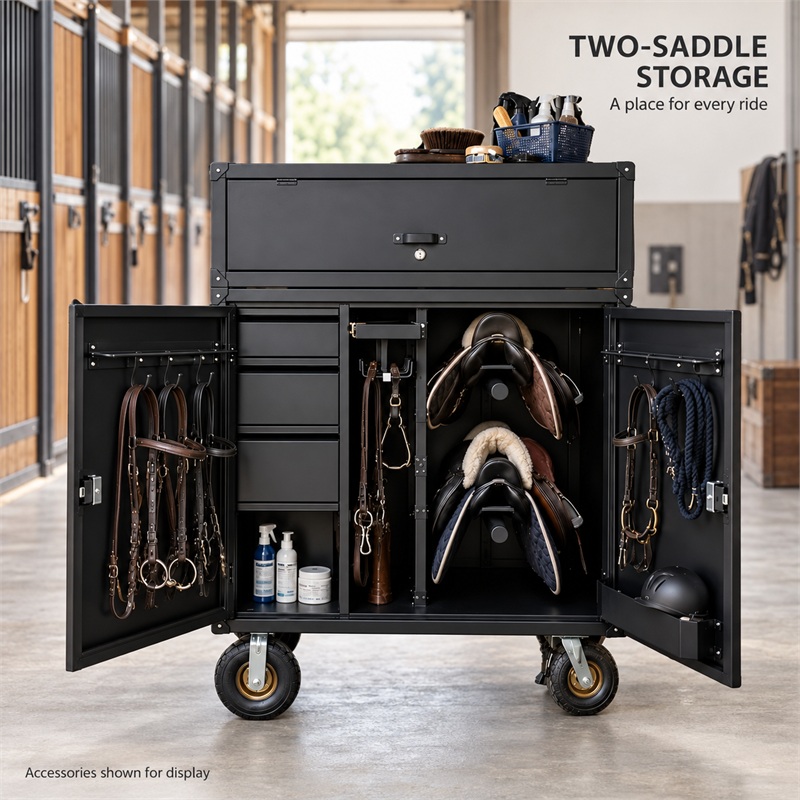 Factory Heavy Duty Mobile Stainless Steel Horse Tack Locker Wheels Detachable Top Lockable Saddle Storage Cabinet Equestrian