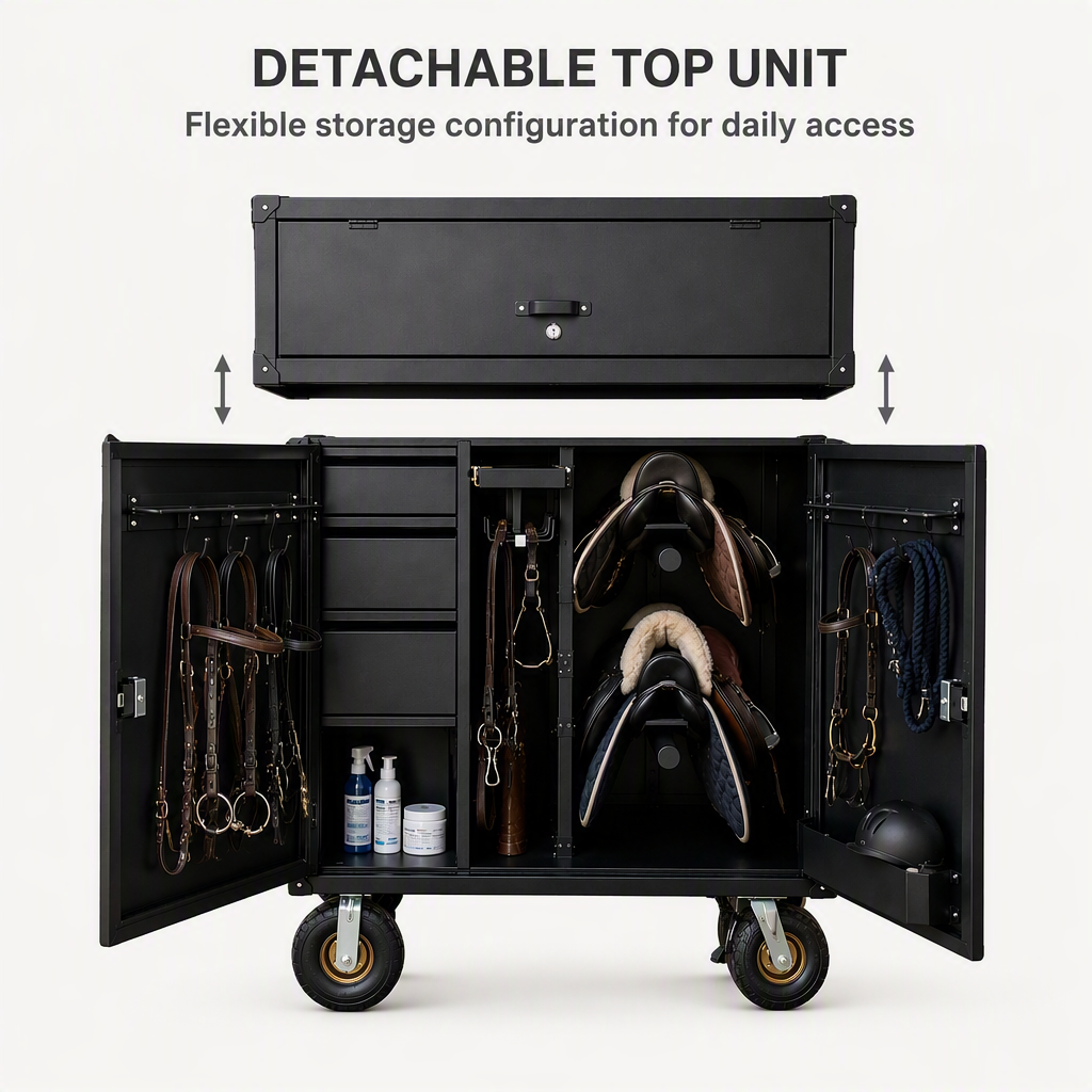 Factory Heavy Duty Mobile Stainless Steel Horse Tack Locker Wheels Detachable Top Lockable Saddle Storage Cabinet Equestrian