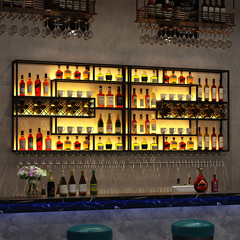 Industrial bar Furniture Wine Glass Storage Racks Wall-mounted bar Display Racks LED Warm Light Iron Wine Racks