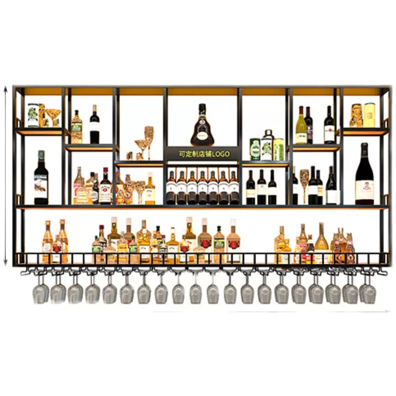 High Quality Metal Bar Cabinet Wall Mounted Wine Rack Customized Industrial Led Lights Pub Bar Wine Display Shelf