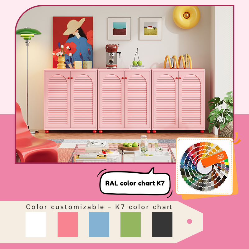 Steel Storage Cabinet Pink Modern Style Locker Louver Doors Waterproof Kitchen Home Furniture for Living Room