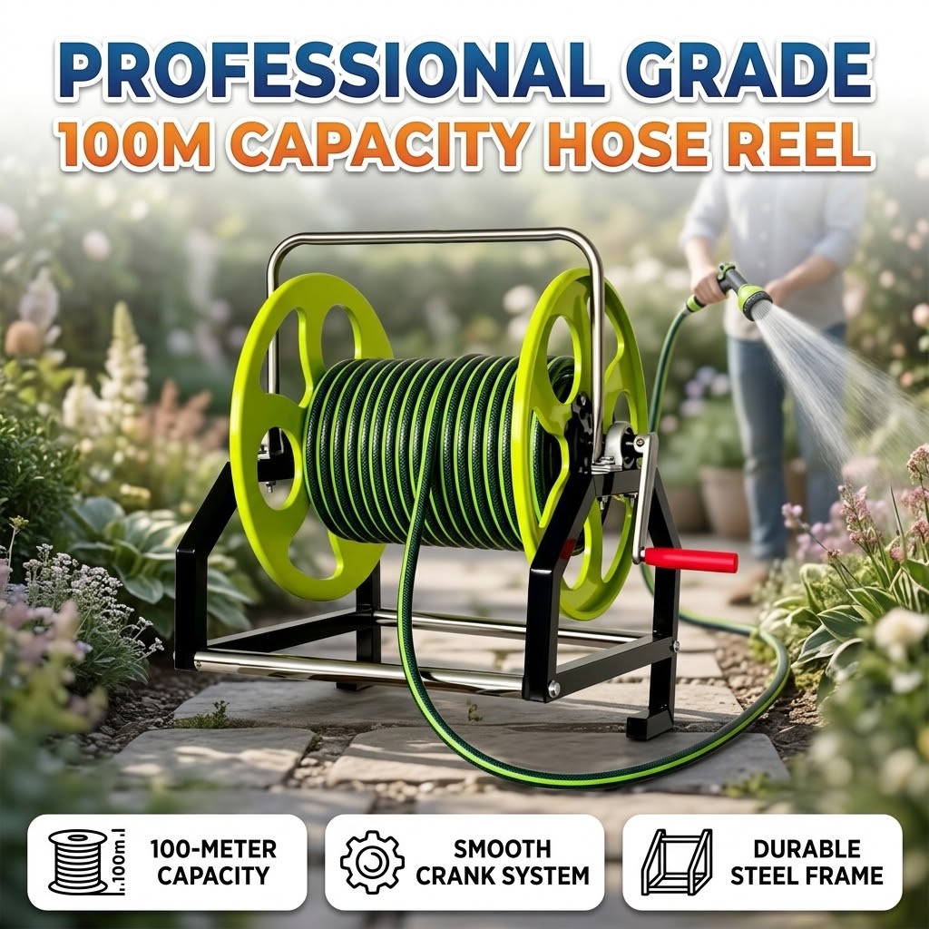 Agricultural Water Pipe Storage Rack Garden Heavy Duty Hand Crank Hose Reel Spraying Pipe Winding Steel Frame 100m Long Life