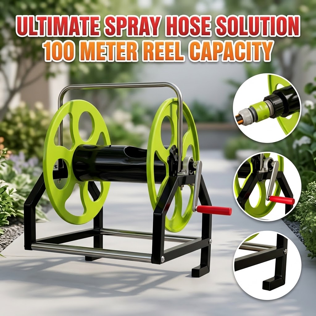 Agricultural Water Pipe Storage Rack Garden Heavy Duty Hand Crank Hose Reel Spraying Pipe Winding Steel Frame 100m Long Life