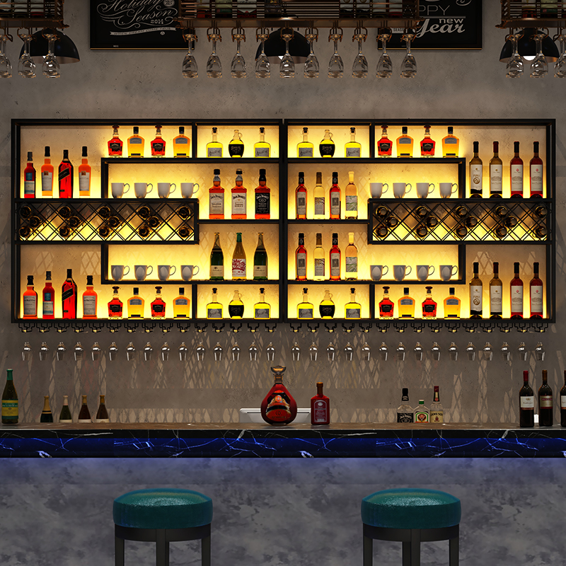 Industrial bar Furniture Wine Glass Storage Racks Wall-mounted bar Display Racks LED Warm Light Iron Wine Racks