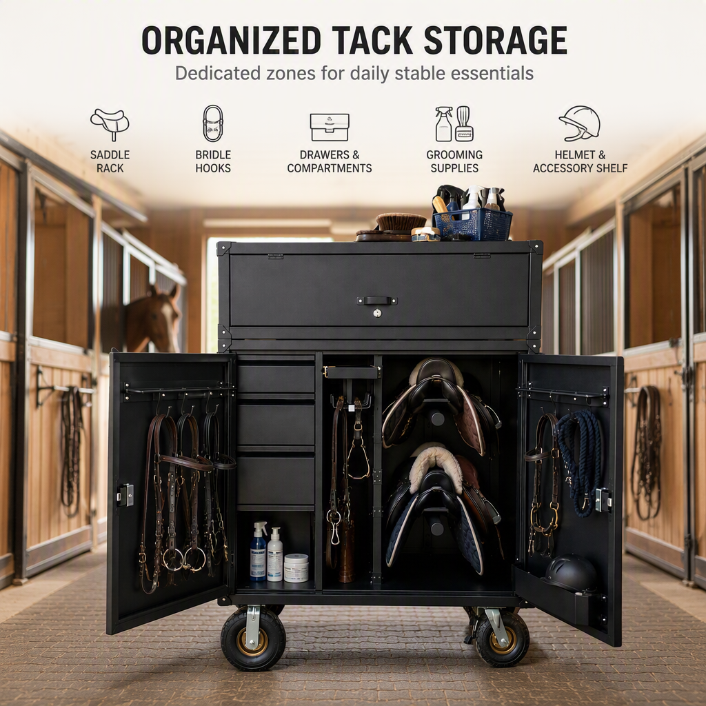 Factory Heavy Duty Mobile Stainless Steel Horse Tack Locker Wheels Detachable Top Lockable Saddle Storage Cabinet Equestrian