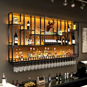 High Quality Metal Bar Cabinet Wall Mounted Wine Rack Customized Industrial Led Lights Pub Bar Wine Display Shelf