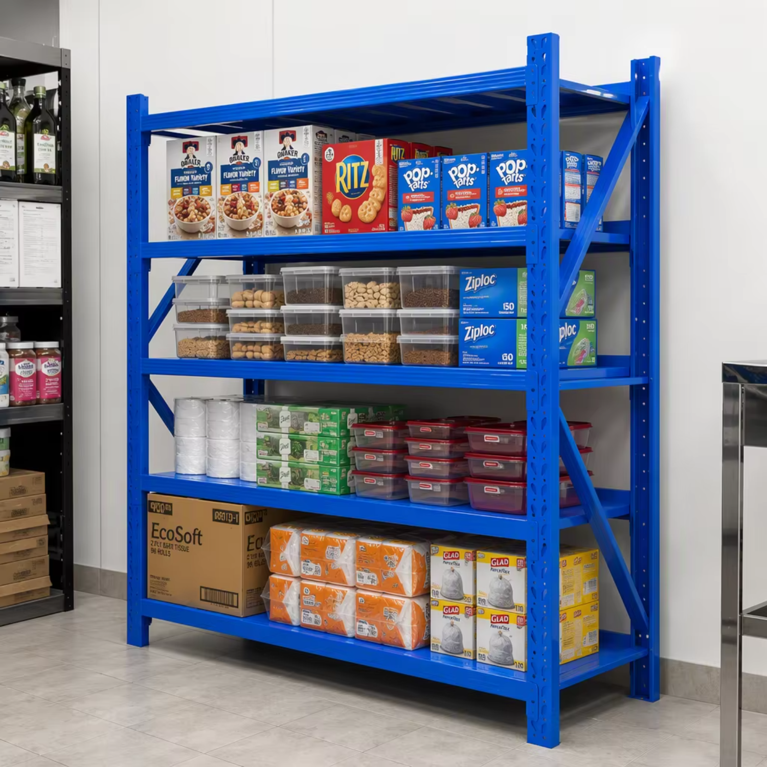Heavy-Duty Boltless Steel Shelving Unit, 4-Tier Adjustable Warehouse Rack with Teardrop Slots Garage Industrial Storage Shelf