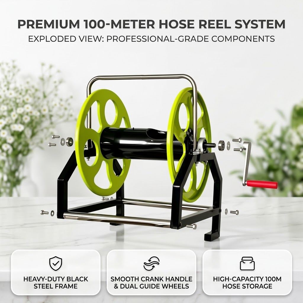 Agricultural Water Pipe Storage Rack Garden Heavy Duty Hand Crank Hose Reel Spraying Pipe Winding Steel Frame 100m Long Life