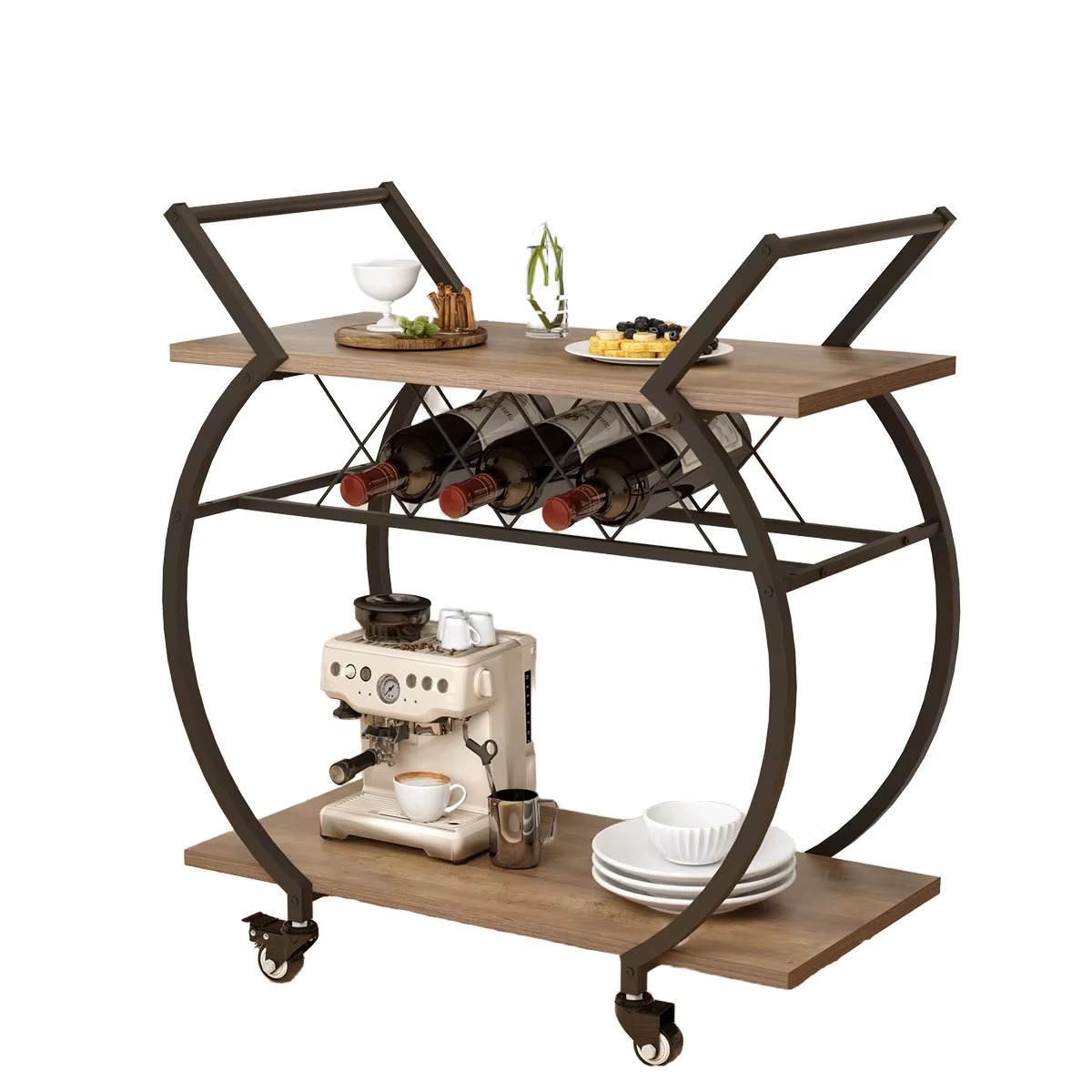Modern Style Durable Double Tier Metal Bar Cart Wine Rack Wheels Kitchen Bathroom Living Room Wardrobe Beverage Storage