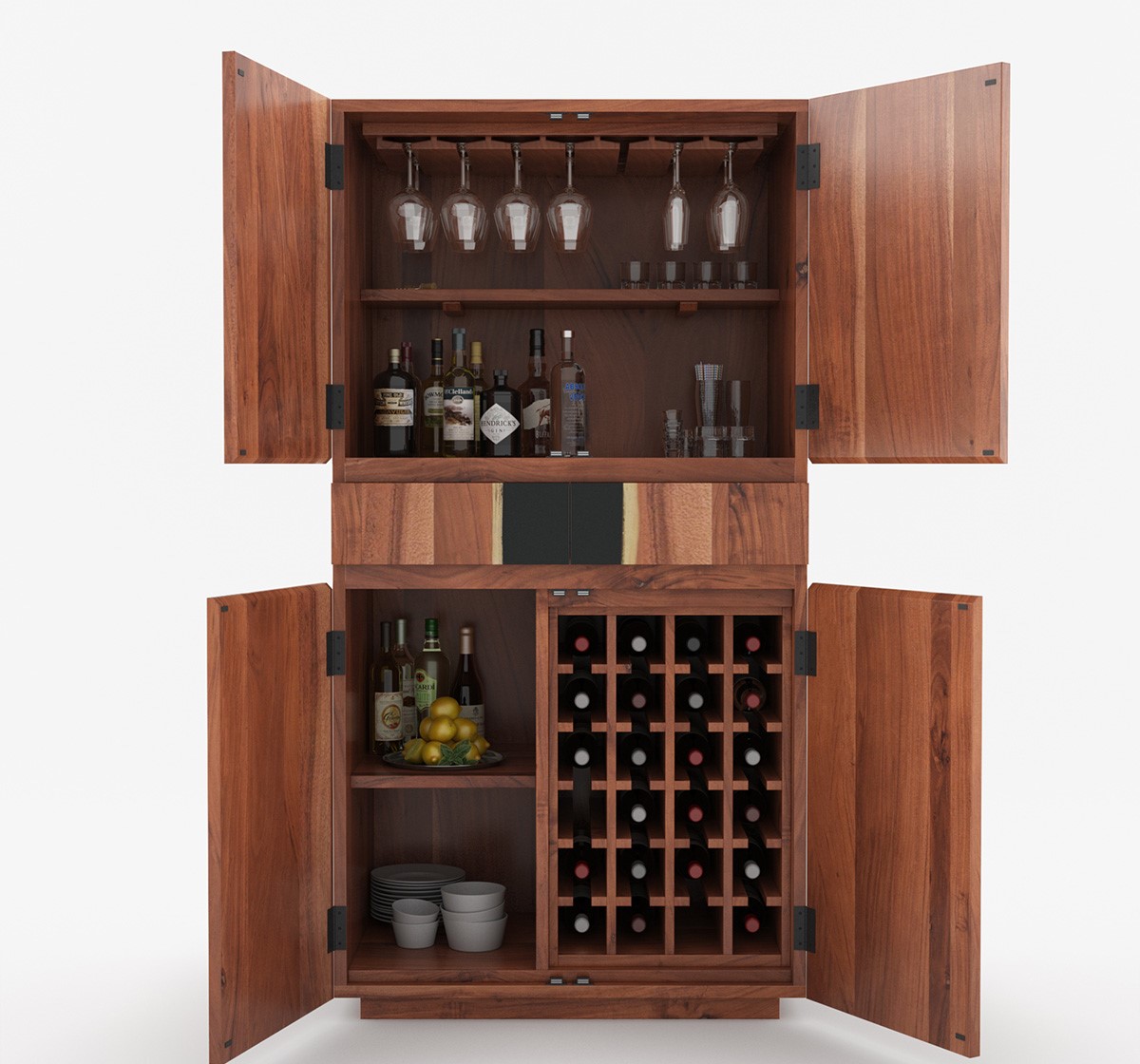 Modern Solid Oak Wood Freestanding Bar Cabinet Wine Rack 4 Storage Compartments Drawers Flat Panel Doors Pindel Handicraft PH792