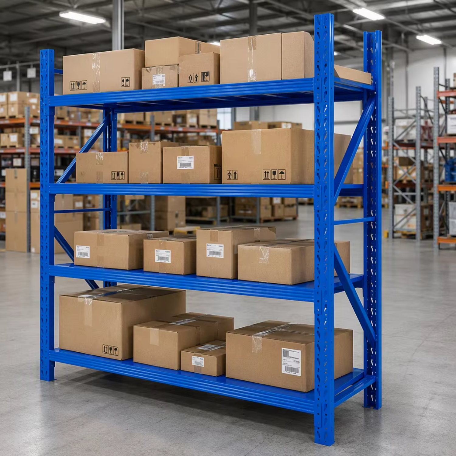 Heavy-Duty Boltless Steel Shelving Unit, 4-Tier Adjustable Warehouse Rack with Teardrop Slots Garage Industrial Storage Shelf