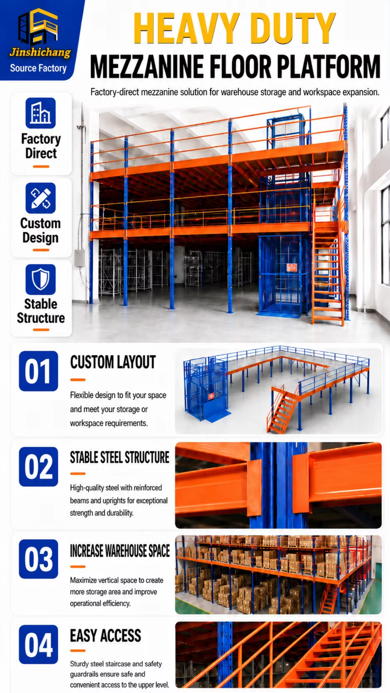 Industrial Steel Platform Mezzanine Floor with Stairs and Handrails for Warehouse Applications