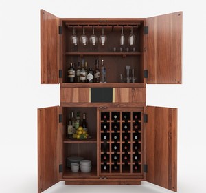 Modern Solid Oak Wood Freestanding Bar Cabinet Wine Rack 4 Storage Compartments Drawers Flat Panel Doors Pindel Handicraft PH792