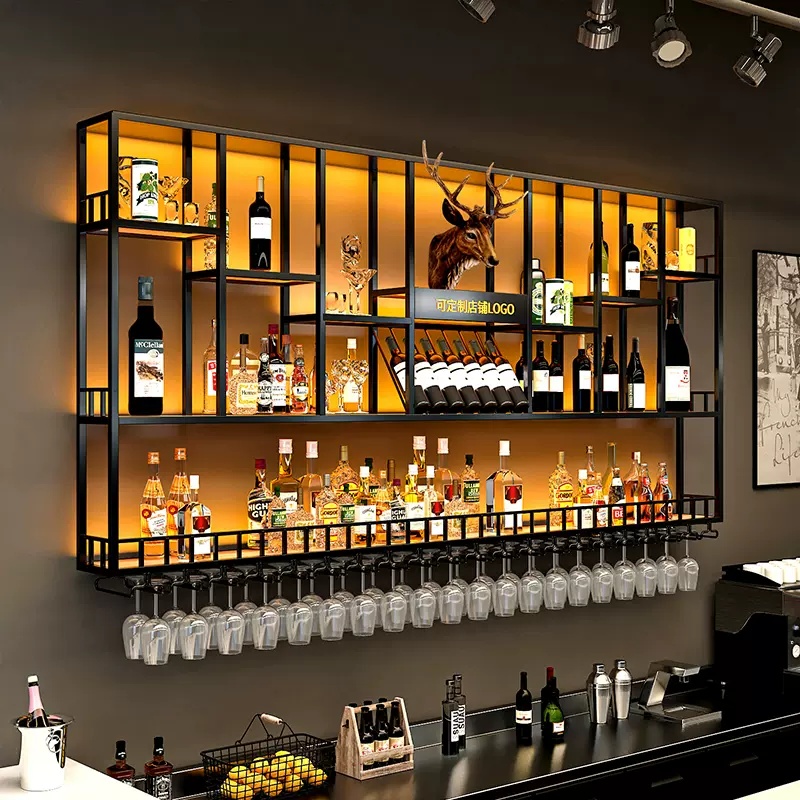 High Quality Metal Bar Cabinet Wall Mounted Wine Rack Customized Industrial Led Lights Pub Bar Wine Display Shelf