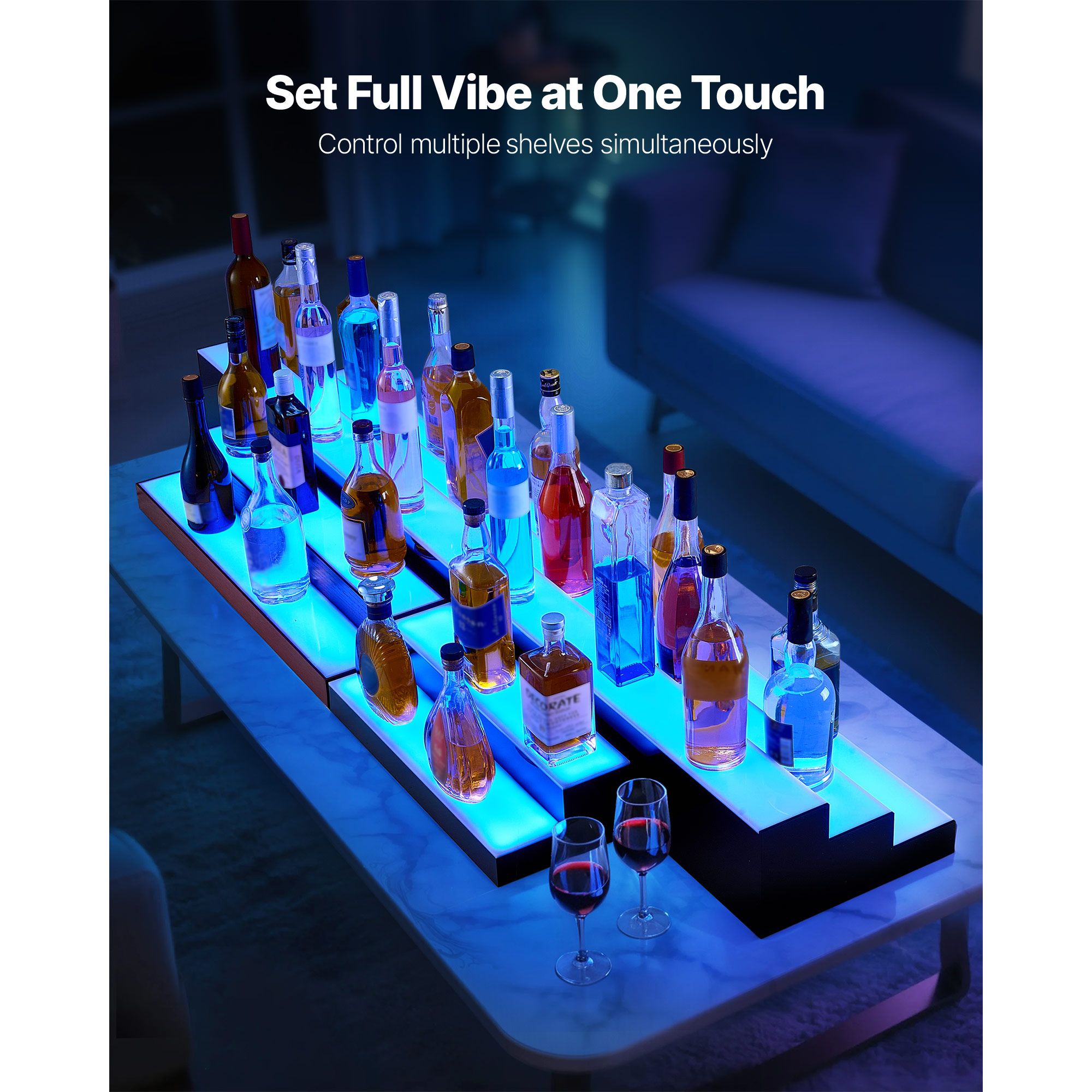 2-Tier 20-Inch LED Lighted Whiskey Rack USB Supported Home Bar Shelf with RF Remote Illuminated Wine Rack