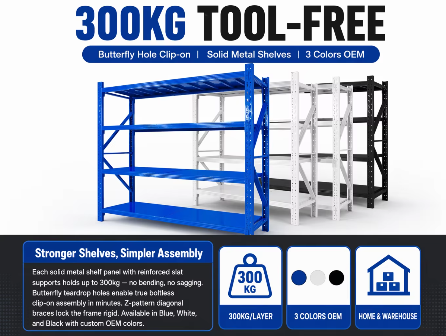 Heavy-Duty Boltless Steel Shelving Unit, 4-Tier Adjustable Warehouse Rack with Teardrop Slots Garage Industrial Storage Shelf