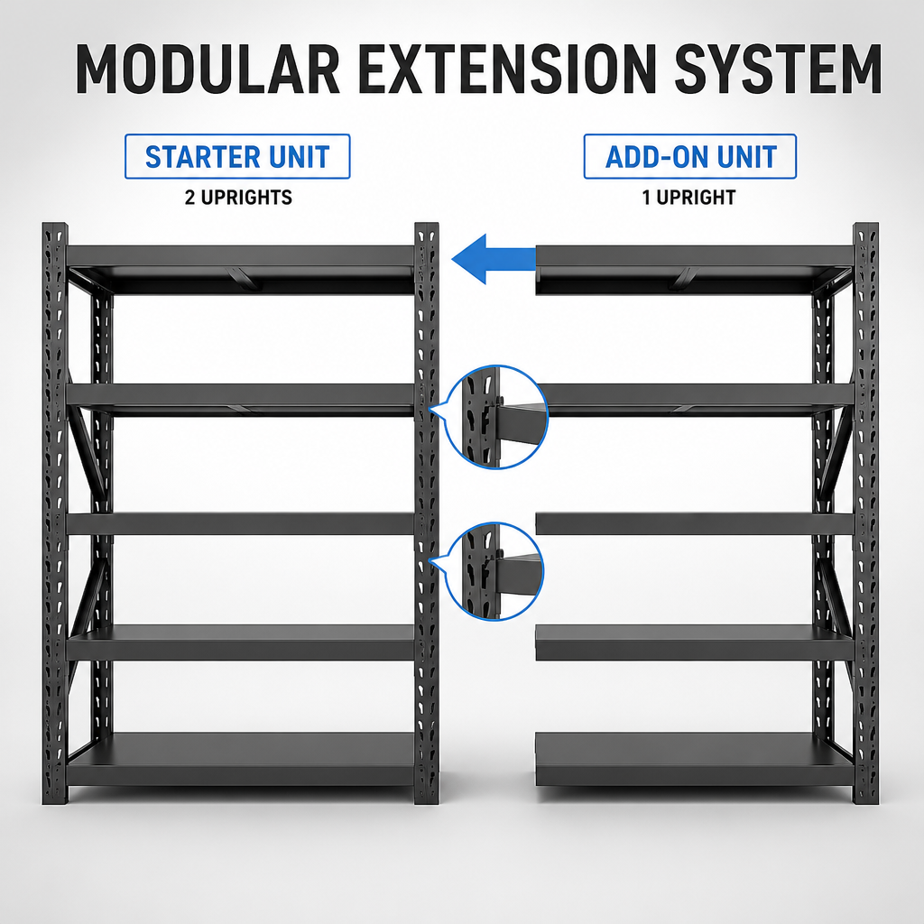 Industrial Medium Duty Longspan Shelving with Starter and Add-on Unit, Adjustable Warehouse Storage Rack for Logistics