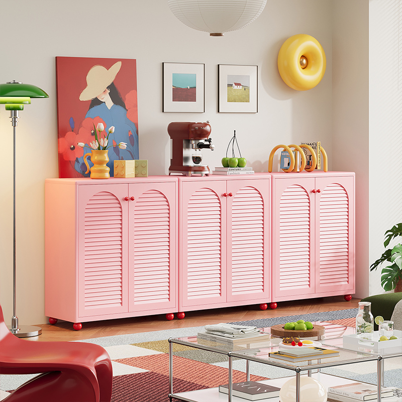 Steel Storage Cabinet Pink Modern Style Locker Louver Doors Waterproof Kitchen Home Furniture for Living Room